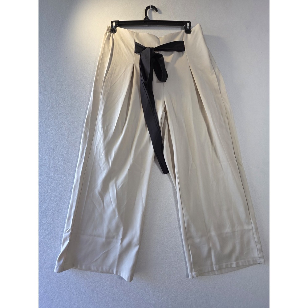 Women's 1XL Beige Wide Leg Pants Black Tie Waist High Rise Dress Casual
